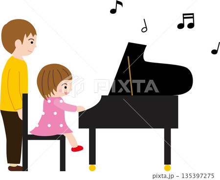 ピアノを弾く女の子と先生と音符 135397275