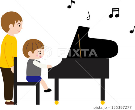 ピアノを弾く男の子と先生と音符 135397277