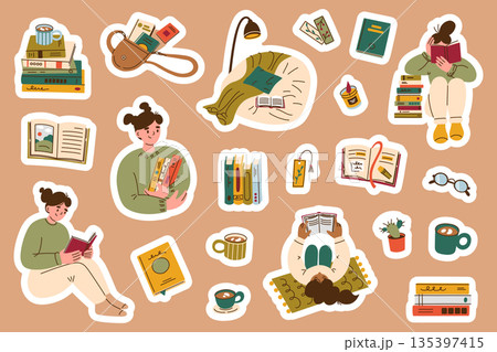 Set collection of cute cozy reading stickers, vector flat cartoon illustration. Books, people reading at home, hobby and self time theme for planners, journals, social media, messaging apps 135397415