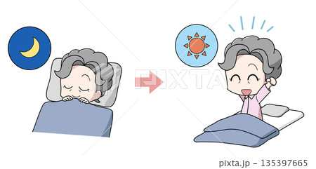 よく寝て寝起きが良い高齢女性のイラスト よく寝て寝起きが良い高齢女性のイラスト 135397665