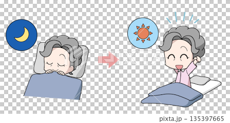 よく寝て寝起きが良い高齢女性のイラスト よく寝て寝起きが良い高齢女性のイラスト 135397665