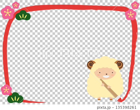 未年の干支キャラクターと筆ラインのフレーム枠 和柄アイコン付き 135398261