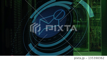 Showing envelope icon overlay floating in data center with server racks network cables circular HUD 135398362