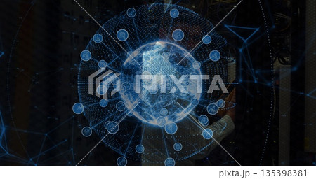 Analyzing IT engineer in blazer viewing holographic globe in data center aisle, with server racks Analyzing IT engineer in blazer viewing holographic globe in data center aisle, with server racks 135398381