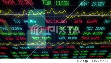 Showing digital market display scrolling stock symbols on dark grid, with yellow line graphs Showing digital market display scrolling stock symbols on dark grid, with yellow line graphs 135398455