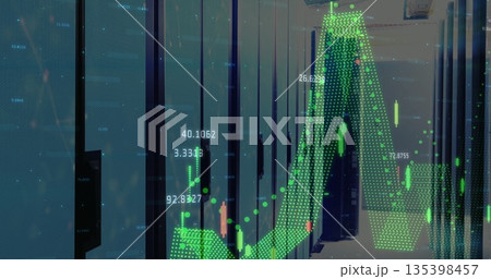 Showing narrow data center corridor with black server cabinets, with green digital chart overlay Showing narrow data center corridor with black server cabinets, with green digital chart overlay 135398457