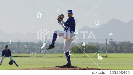Baseball player in blue uniform pitching on mound at baseball diamond, with glove and overlay icons Baseball player in blue uniform pitching on mound at baseball diamond, with glove and overlay icons 135398490