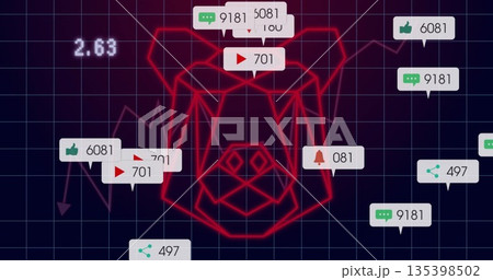 Showing red geometric pig head outline floating over trading interface, with social media metrics Showing red geometric pig head outline floating over trading interface, with social media metrics 135398502