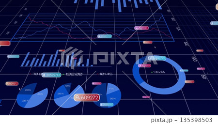 Displaying donut chart showing segmented blue ring on 3D grid plane, numeric labels, copy space Displaying donut chart showing segmented blue ring on 3D grid plane, numeric labels, copy space 135398503