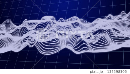 Undulating 3D abstract dotted-line wave flowing across virtual 3D space, with dark blue grid plane Undulating 3D abstract dotted-line wave flowing across virtual 3D space, with dark blue grid plane 135398506