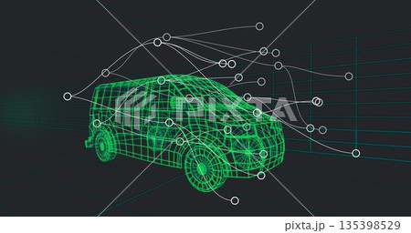 Green wireframe van model sitting in 3D grid floor and wall scene, with circular node connections 135398529