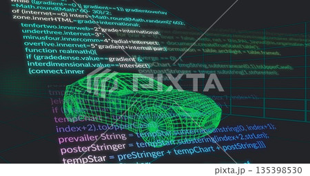 Green wireframe sports car model floating above grid lines in CAD interface, with JavaScript code 135398530