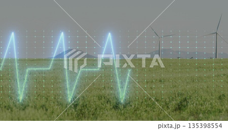 Pulsing ECG waveform spanning grassland wind farm, with digital grid overlay and wind turbines 135398554