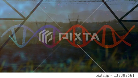 Floating digital DNA helix drifting across rural field, with power pylons and wild grasses 135398561