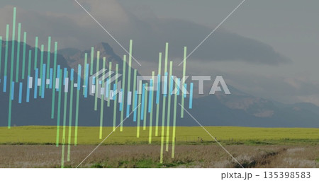 Displaying translucent vertical bars forming chart overlay over rural valley farmland, showing data 135398583