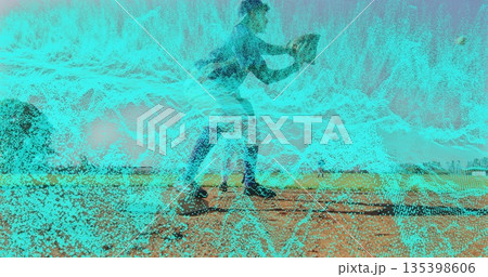 Jogging woman in sportswear pacing along beach at sunset, using handheld device with wave overlay Jogging woman in sportswear pacing along beach at sunset, using handheld device with wave overlay 135398606