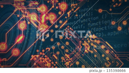 Animating abstract circuit traces pulsing on digital canvas, with solder-pad nodes, code segments 135398666