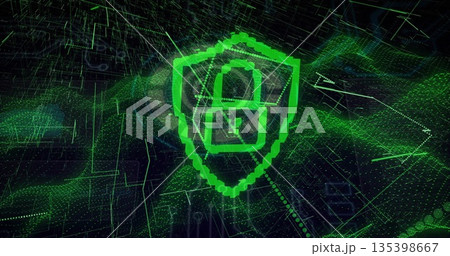 Floating pixelated green shield rotating above virtual grid, with padlock icon and data points 135398667