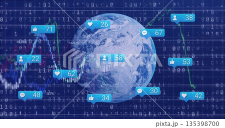 Rotating Planet Earth over binary code in data visualization, showing line charts and social icons Rotating Planet Earth over binary code in data visualization, showing line charts and social icons 135398700
