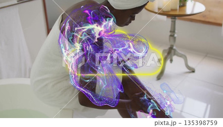Holding razor, towel-wrapped adult woman shaving lower leg in home bathroom, with data swirls Holding razor, towel-wrapped adult woman shaving lower leg in home bathroom, with data swirls 135398759