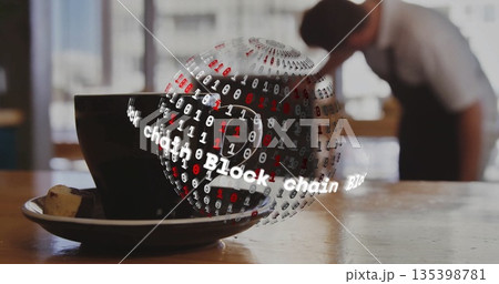 Sitting ceramic coffee cup and saucer displaying glowing code sphere, with blockchain text in cafe Sitting ceramic coffee cup and saucer displaying glowing code sphere, with blockchain text in cafe 135398781
