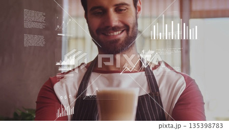 Presenting barista in striped apron holding layered latte in coffee shop, with floating data charts Presenting barista in striped apron holding layered latte in coffee shop, with floating data charts 135398783