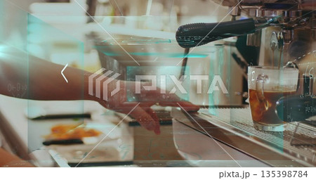 Barista hand guiding portafilter and pouring iced coffee at cafe counter with holographic overlays Barista hand guiding portafilter and pouring iced coffee at cafe counter with holographic overlays 135398784