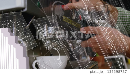 Brewing barista in checked shirt locking portafilter on cafe espresso machine with cup  and  analyti 135398787