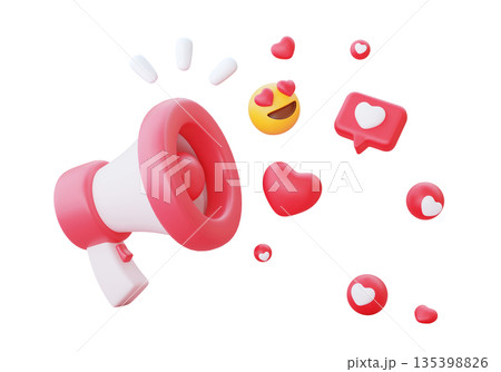 3D Rendering of Megaphone with Heart Icons for Love Message and Marketing 3D Rendering of Megaphone with Heart Icons for Love Message and Marketing 135398826