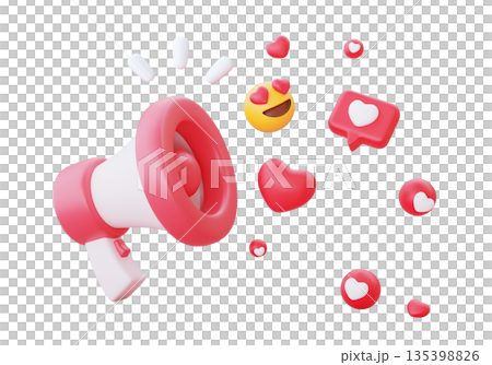 3D Rendering of Megaphone with Heart Icons for Love Message and Marketing 3D Rendering of Megaphone with Heart Icons for Love Message and Marketing 135398826