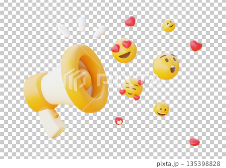 3D Illustration of Megaphone Spreading Happy Emoji and Smileys Icons 135398828