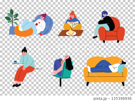 Illustration set of a woman relaxing at home 135398936