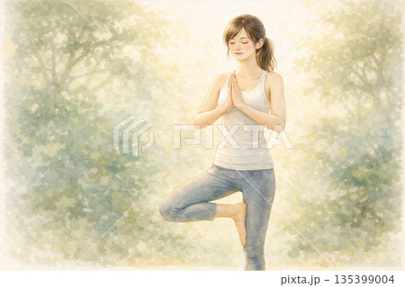 木のポーズで整える、日本人女性のデコルテと体幹美 135399004