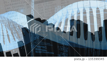 Curving central ribbon displaying alternating blocks in abstract digital space, with code overlays 135399345