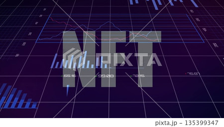 Displaying semi-transparent NFT floating over 3D grid dashboard, with bar charts and line graphs Displaying semi-transparent NFT floating over 3D grid dashboard, with bar charts and line graphs 135399347