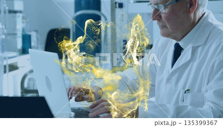 Working scientist in lab coat and tie typing on laptop in lab, holographic waveforms, copy space 135399367