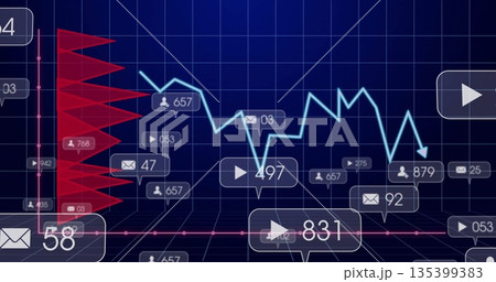 Displaying blue fluctuating line chart on dark grid UI with red bars and numbered icon callouts Displaying blue fluctuating line chart on dark grid UI with red bars and numbered icon callouts 135399383