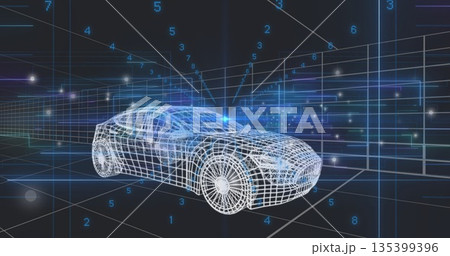 Displaying wireframe model coupe car sitting in 3D grid, with floating digits and glowing points 135399396