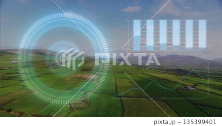 Overlaying concentric circular HUD interface over farmland, with vertical bar chart and line graph Overlaying concentric circular HUD interface over farmland, with vertical bar chart and line graph 135399401