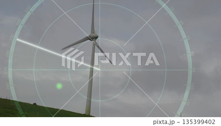 Showing wind turbine on grassy hill, with radar overlay showing crosshair, circles, sweep beam 135399402