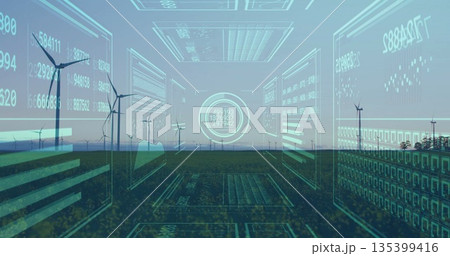 Floating holographic panels displaying data and charts on grassy plain at dusk, with wind turbines Floating holographic panels displaying data and charts on grassy plain at dusk, with wind turbines 135399416