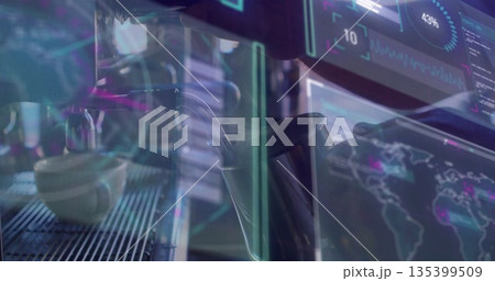 Pouring coffee from metal spout into cup at cafe counter, with holographic data overlay Pouring coffee from metal spout into cup at cafe counter, with holographic data overlay 135399509