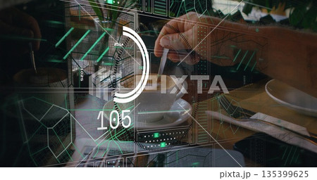 Stirring spoon mixing frothy coffee in white ceramic cup at cafe table, with digital HUD overlay Stirring spoon mixing frothy coffee in white ceramic cup at cafe table, with digital HUD overlay 135399625