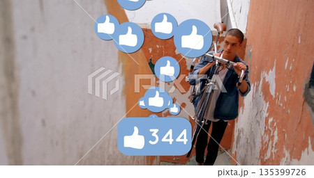 Man in denim jacket and backpack carrying bicycle up alley stairway, floating thumbs-up icons 344 135399726