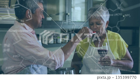 Feeding senior couple sampling stew from pot in home kitchen, with red spoon, wine glass Feeding senior couple sampling stew from pot in home kitchen, with red spoon, wine glass 135399770
