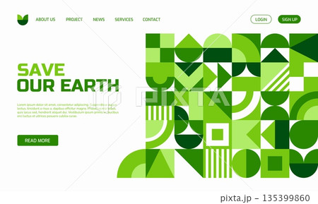 Save the Earth landing page with geometric Bauhaus pattern. Save nature environment and ecology vector site webpage. Earth day celebration landing page or site with Bauhaus green shapes pattern Save the Earth landing page with geometric Bauhaus pattern. Save nature environment and ecology vector site webpage. Earth day celebration landing page or site with Bauhaus green shapes pattern 135399860
