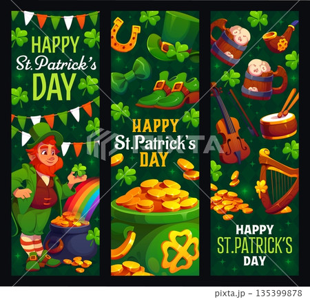 Happy St Patrick Day banners of cartoon leprechaun character with clovers, gold pot and rainbow. Vector irish holiday green beer, St Patrick lucky coins, horseshoe and shamrock leaves greeting banners Happy St Patrick Day banners of cartoon leprechaun character with clovers, gold pot and rainbow. Vector irish holiday green beer, St Patrick lucky coins, horseshoe and shamrock leaves greeting banners 135399878