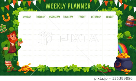 Weekly planner schedule with St Patrick's day shamrock clovers and leprechaun. Kid lessons week planner or daily vector schedule with Ireland garland, St Patricks clovers, top hat and shoes, horseshoe Weekly planner schedule with St Patrick's day shamrock clovers and leprechaun. Kid lessons week planner or daily vector schedule with Ireland garland, St Patricks clovers, top hat and shoes, horseshoe 135399886