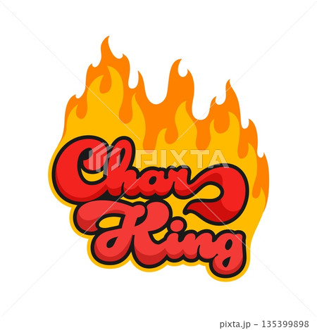 Barbeque, grill menu Y2K retro sticker or print. Restaurant meat menu vintage Y2K vector label, farm barbeque product tag. Steakhouse BBQ sticker with fire and char king thick handwritten typography 135399898