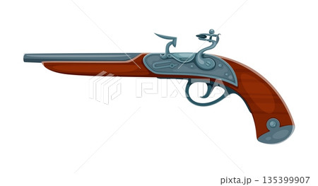 Cartoon corsair pirate old flintlock pistol weapon. Corsair skipper antique vector firearm, pirate bandit medieval gunpowder weapon. Buccaneer captain 18th century gun or sailor flintlock pistol Cartoon corsair pirate old flintlock pistol weapon. Corsair skipper antique vector firearm, pirate bandit medieval gunpowder weapon. Buccaneer captain 18th century gun or sailor flintlock pistol 135399907